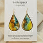 Mossy Agate hand painted watercolor ultra lightweight paper earrings. 2" Teardrop shape painted in Brown, chartreuse, goldenrod and&nbsp; deep teal gem tones. Accented with brown edges. Back is painted with similar colors and design. Resin coating for durability. Sterling silver and 14KG over sterling findings. Hangs 2 3/8" in Length