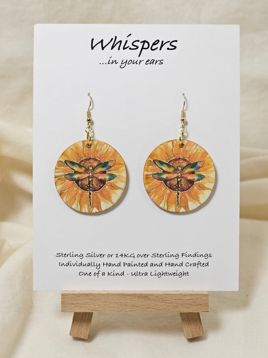You are my sunflower Art Print Yellow Wood Earrings. Artwork by Lee M. Hein. 1 1/2" Circle. Back is painted with yellow wash. Enameled for durability. Mixed metal of Sterling Silver and 14KG over Sterling findings. Hangs 1 3/4" in length