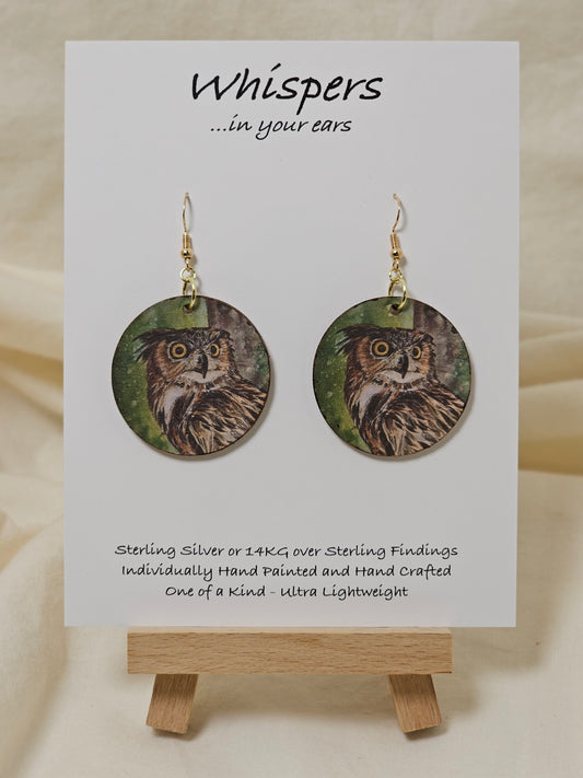 Owl Art Print Dark Wood Earrings. Artwork by Lee M. Hein. 1 1/2" Circle. Back is painted with dark brown wash. Enameled for durability. 14KG over Sterling findings. Hangs 1 3/4" in length