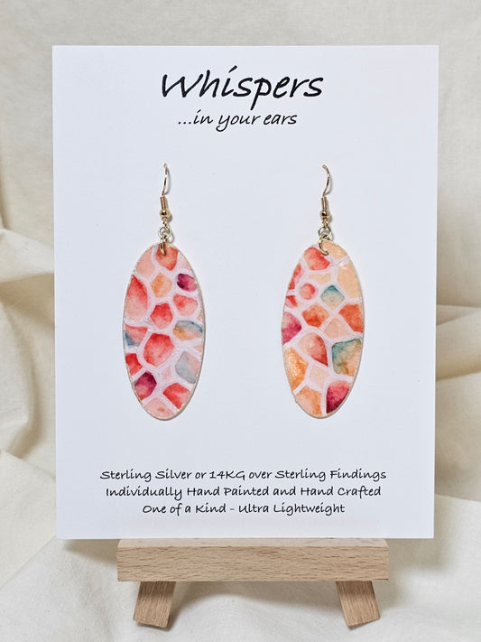 Wings Magnified Hand Painted Paper Earrings.&nbsp; Ultra lightweight 2" Elongated oval. Painted multicolored in pastels. Back is painted in white iridescent pearl. Resin coating for durability. Mixed metal findings Sterling silver and 14KG over sterling ear wires. Hangs 2 1/8" in length