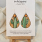 Sunburst Cactus hand painted watercolor paper earrings. Ultra lightweight.&nbsp; Tans and Muted greens. Dark brown edge detail. Back is painted with similar colors and design. Tear drop in shape. Resin coating for durability. Sterling silver findings. Hangs 2 1/4" in length
