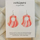 Sweet Swirls Hand painted watercolor paper earrings. Ultra lightweight. Dark pink, light pink, peach and white wavy stripes over a white background. Back is painted with similar color and design. Large circular in shape with circular cut out. Resin coating for durability. Sterling silver findings. Hangs 2" in Length
