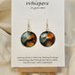 Gold Bullseye Hand Painted Watercolor Paper Earrings. Ultra lightweight 1 1/4" Circle abstract watercolor painting Deep blue, orange, brown and metallic gold bullseye accents. Back is painted to match. Edged in dark brown. Resin coating for durability. 14KG over sterling findings. Hangs 1 5/8" in length