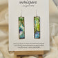 Turquoise Waters Hand Painted Watercolor Paper Earrings. Ultra lightweight, 1/2" x 2 1/4" Rectangle painted in watercolor abstract aerial view of turquoise blue waters and green land. Back is complimentary colors and design. Edged in brown paint. Resin coating for durability. Sterling silver findings. Hangs 2 1/2" in length