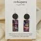 Black Spiral Motif Hand Painted Paper and Wood Earrings. 3/4" x 1 5/8" Paper Rectangle hand painted brightly colored background with black swirl accents. Edged in black. Hanging from embellished wooden disc painted black. Back is painted to match. Resin coating for durability. Sterling Silver findings. Hangs 2 1/2" in length