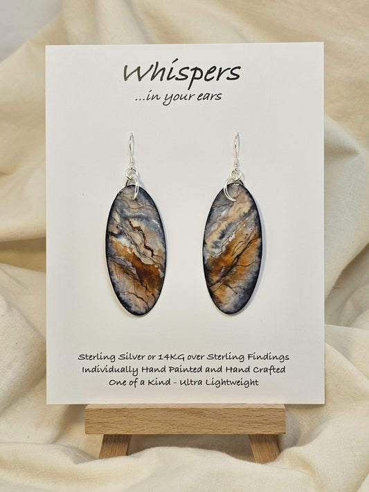 Jasper Hand Painted Paper Earrings.&nbsp; Ultra lightweight 2" Elongated oval. Faux finished to resemble Maligano Jasper. Blues, browns and grays with veining accents. Painted dark edge. Back is painted with similar color and design. Resin coating for durability. Sterling Silver findings. Hangs 2 1/8" in length