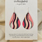 Fifties Flare hand painted watercolor ultra lightweight paper earrings. 2" Teardrop shape painted in hot pink and coral pink gem tones. Accented with black and white varied wavy lines. Back is painted with similar colors and design. Resin coating for durability. Sterling silver findings. Hangs 2 1/4" in Length