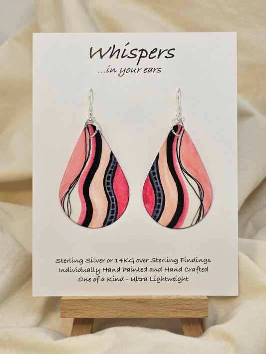 Fifties Flare hand painted watercolor ultra lightweight paper earrings. 2" Teardrop shape painted in hot pink and coral pink gem tones. Accented with black and white varied wavy lines. Back is painted with similar colors and design. Resin coating for durability. Sterling silver findings. Hangs 2 1/4" in Length