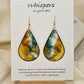 Mossy Agate hand painted watercolor ultra lightweight paper earrings. 2" Teardrop shape painted in Brown, chartreuse, goldenrod and&nbsp; deep teal gem tones. Accented with brown edges. Back is painted with similar colors and design. Resin coating for durability. Sterling silver and 14KG over sterling findings. Hangs 2 3/8" in Length