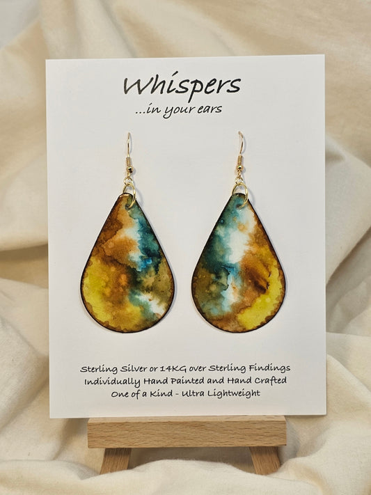 Mossy Agate hand painted watercolor ultra lightweight paper earrings. 2" Teardrop shape painted in Brown, chartreuse, goldenrod and&nbsp; deep teal gem tones. Accented with brown edges. Back is painted with similar colors and design. Resin coating for durability. Sterling silver and 14KG over sterling findings. Hangs 2 3/8" in Length
