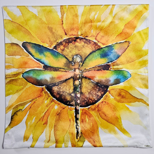 Watercolor painting of a dragonfly on a sunflower