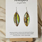 Boho Feather Hand Painted Paper Earrings. Multi colored blues, yellows and brows. Original designs on both sides. Resin coated for durability. Ultra lightweight. Sterling silver ear wires and findings. Hangs 1 3/4"