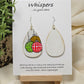 Ornament Trio Hand Painted Wood Earrings. 2" Wood Tear Drop painted white background. Three hand painted. Pattern Ornaments painted red, green and copper, outlined in black. Back is painted white. Distressed edge. Enameled for durability. Sterling Silver ear wires and findings. Ultra light weight. Hangs 2 1/2"