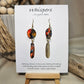 Gold Dot Feathers Hand Painted Paper Earrings. 3/4" circular hand painted paper earring. Below hangs a gorgeous light weight metal enameled feather charm pendant. Back is gold in color. Reds, blues, metallic accents edged in gold. Back of paper is painted in similar design and colors. Resin coated for durability. 14kg over sterling silver ear wires and findings. Hangs 2 1/2" in length