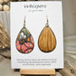Bee-U-tiful Art Print Wood Earrings. Artwork by Lee M. Hein. 2" Tear drop. Watercolor image of Bumble Bee on a pink flower in tree. Back is painted with light brown wash. Enameled for durability. 14kg over Sterling silver findings. Hangs 2 1/4" in length
