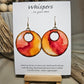 Crimson Tide Hand painted watercolor ultra lightweight paper earrings. 2" circle Waves of red, peach , pink and brown on white background. Dark brown detail painted edge. Back is painted with similar color and design. Large circular in shape with circular cut out. Resin coating for durability. 14kg over Sterling silver findings. Hangs 2 1/4" in length