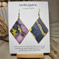 Diamond Flow Large Statement Hand Painted and collage embellished Diamond Shape Wood Earrings. Organic shapes and metallic lines,. Blues, purples and gold. Painted gold metallic edges. Back is in similar color and design. Ultra light weight. Enameled for durability. 2 3/4" in size. 14kg over sterling silver findings and hangs 3" in length