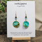 Aqua Egyptianesque Hand Painted Paper Earrings. 1" Circular artisan paper aqua blue, moss green and brown oval pattern with metallic painted edges. Hangs from metal decorative wooden and turquoise blue beads, Resin Coating for durability. Back is done to compliment. 14kg over Sterling silver ear wires and sterling silver findings. Hangs 1 3/4"