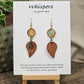 Rustic Leaf Hand Painted Paper Earrings with Wood leaf Pendant. 1/2" Circular artisan paper aqua blue, peach and light brown organic linear pattern with brown painted edges. Resin Coating for durability. Back is done to compliment. 14kg over Sterling silver findings. Hangs 2 1/4"