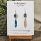 Black Feathers Hand Painted Paper Earrings. 5/8" circular hand painted paper earring. Below hangs a gorgeous light weight metal enameled feather charm pendant. Back is gold in color. Aqua blue, royal blue, black and white, metallic accents edged in gold. Back of paper is painted in similar design and colors. Resin coated for durability. 14kg over sterling silver ear wires and findings. Hangs 2 1/2" in length