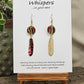 Tiger Striped Feather Hand Painted Paper Earrings. 5/8" circular hand painted paper earring. Below hangs a gorgeous light weight metal enameled feather charm pendant. Back is gold in color. Red brown, gold, black and white, metallic accents edged in gold. Back of paper is painted in similar design and colors. Resin coated for durability. 14kg over sterling silver ear wires and findings. Hangs 2 1/2" in length
