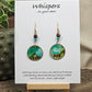 Aqua Egyptianesque Hand Painted Paper Earrings. 1" Circular artisan paper aqua blue, moss green and brown oval pattern with metallic painted edges. Hangs from metal decorative wooden and turquoise blue beads, Resin Coating for durability. Back is done to compliment. 14kg over Sterling silver ear wires and sterling silver findings. Hangs 1 3/4"