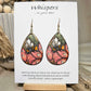 Bee-U-tiful Art Print Wood Earrings. Artwork by Lee M. Hein. 2" Tear drop. Watercolor image of Bumble Bee on a pink flower in tree. Back is painted with light brown wash. Enameled for durability. 14kg over Sterling silver findings. Hangs 2 1/4" in length