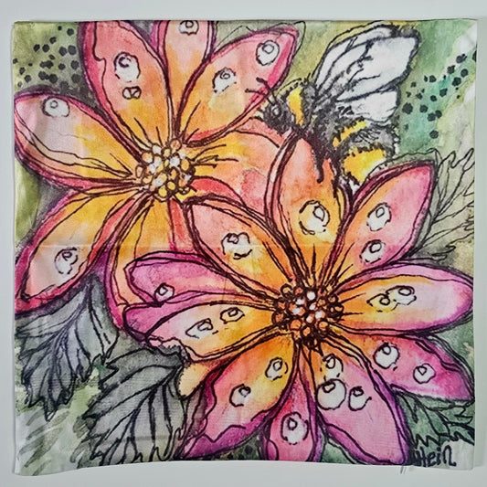 Colorful illustration of flowers and a bee on a textured background