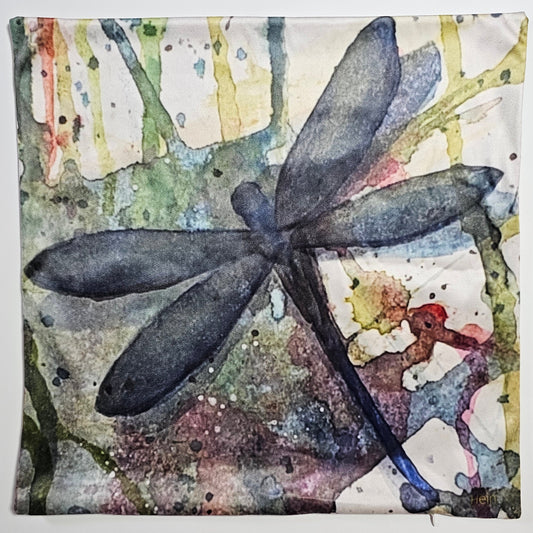 Artistic depiction of a dragonfly on a textured, multicolored background