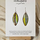 Boho Feather Hand Painted Paper Earrings. Multi colored blues, yellows and brows. Original designs on both sides. Resin coated for durability. Ultra lightweight. Sterling silver ear wires and findings. Hangs 1 3/4"