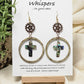 Bronze and Abalone Cross Hand Painted/Crafted Earrings. These gorgeous one of a kind Statement earrings are 14kg Ear wires mixed metal findings. Brass watch gears adorn hand distressed wood circle with abalone crosses. Enameled for durability. Hangs 2 3/4"Ultra light weight