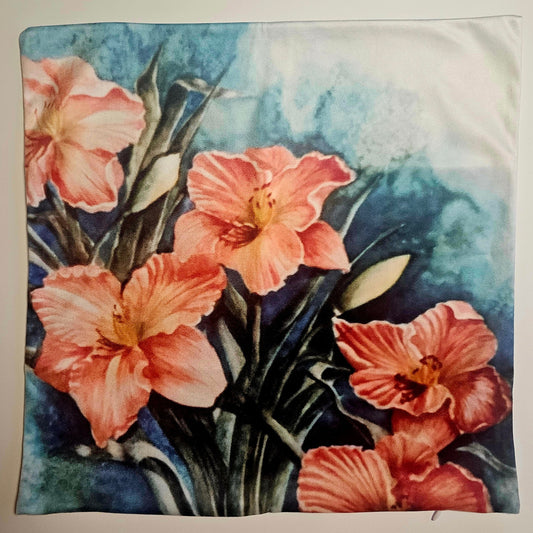 Coral Tiger Lilies Floral bunch stems in green and on teal blue background