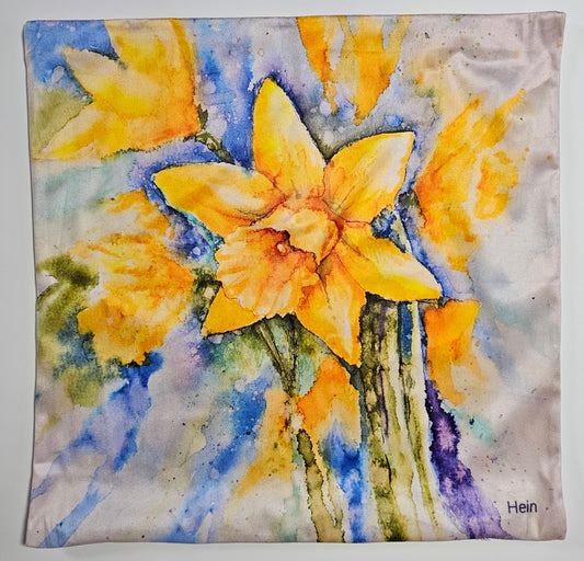 Artistic depiction of yellow Daffodil flowers with blue and green background