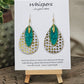 Golden Dots paper over wood 2" Ultra light weight Tear drop earring. This design is on both sides. Hanging hand painted gold edged teal artisan paper pendant. Then gold metal feather charm hangs in front. Enameled for durability. 14kg over Sterling silver findings. Hangs 2 1/4" in length