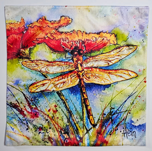 Colorful painting of a dragonfly and flowers on a textured background