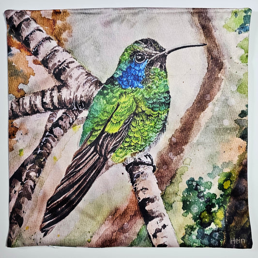 Artistic depiction of a bright green and blue hummingbird on a branch with watercolor textures