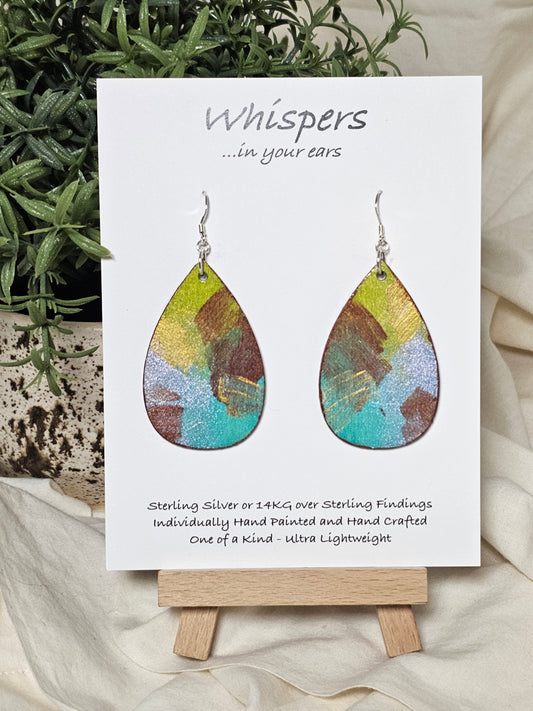 Iridescent Swipe Hand Painted Wood Earrings. 2" Wood Teardrop, painted with iridescent acrylics, Back is painted to match. Enameled for durability. Sterling silver findings. Hangs 2 1/4" in length
