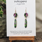 Jungle Pattern Feather Hand Painted Paper Earrings. 5/8" circular hand painted paper earring. Below hangs a gorgeous light weight metal enameled feather charm pendant. Back is gold in color. Pink, purple, gold, green, black and white, metallic accents edged in gold. Back of paper is painted in similar design and colors. Resin coated for durability. 14kg over sterling silver ear wires and findings. Hangs 2 1/2" in length