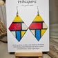 Mondrian Inspired Large Statement Hand Painted Diamond Shape Wood Earrings. Colorful rectangular shapes and black lines,. Blues red, black and white Painted black edges. Back is in similar color and design. Ultra light weight. Enameled for durability. 2 3/4" in size. Sterling silver findings and hangs 3" in length