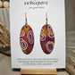 Organic Boho Hand Painted Wood Earrings. Organic shapes and metallic lines painted in acrylics. Back is painted in similar color. Ultra light weight. Resin coating for durability. 2" Elongated wood oval. 14kg over Sterling silver mixed metals with sterling silver findings and hangs 2 1/4" in length
