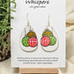 Ornament Trio Hand Painted Wood Earrings. 2" Wood Tear Drop painted white background. Three hand painted. Pattern Ornaments painted red, green and copper, outlined in black. Back is painted white. Distressed edge. Enameled for durability. Sterling Silver ear wires and findings. Ultra light weight. Hangs 2 1/2"