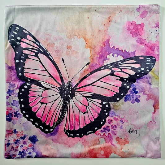 Painting of a pink butterfly on a watercolor background with floral patterns