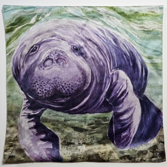 Manatee under water with a green and brown background