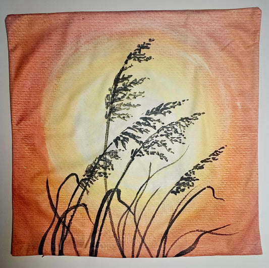 Artistic depiction of Sea Oats Silhouette against a orange and yellow sunrise sky  background