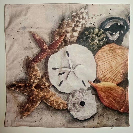 Realistic watercolor starfish image sand dollar, and shells on a sand textured background