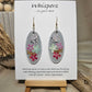 Vertical Floral Collage Bouquet, Hand Painted Wood Earrings. 3D painted flowers and a hand textured aluminum dragonfly. Front and back is painted light grey background. Enameled for durability. 2" Elongated wood oval. 14kg over sterling silver mixed metals with sterling silver findings and hangs 2 1/4" in length