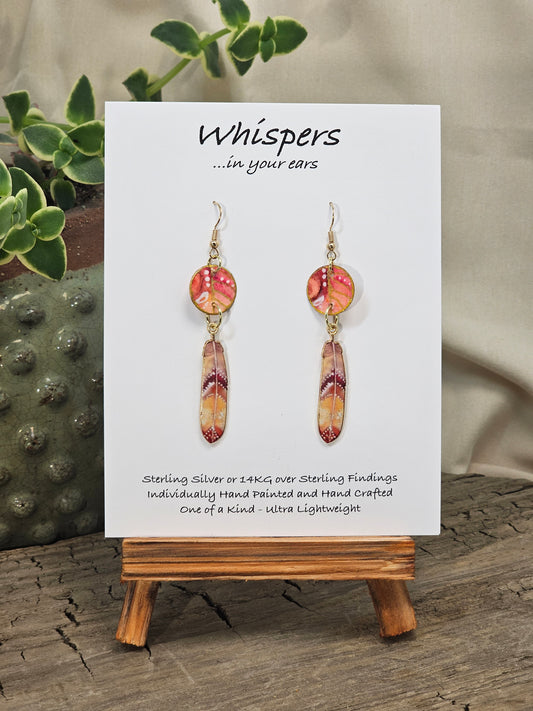White Dot Feathers Hand Painted Paper Earrings. 5/8" circular hand painted paper earring. Below hangs a gorgeous light weight metal enameled feather charm pendant. Back is gold in color. Coral, peach and white, metallic accents edged in gold. Back of paper is painted in similar design and colors. Resin coated for durability. 14kg over sterling silver ear wires and findings. Hangs 2 1/2" in length