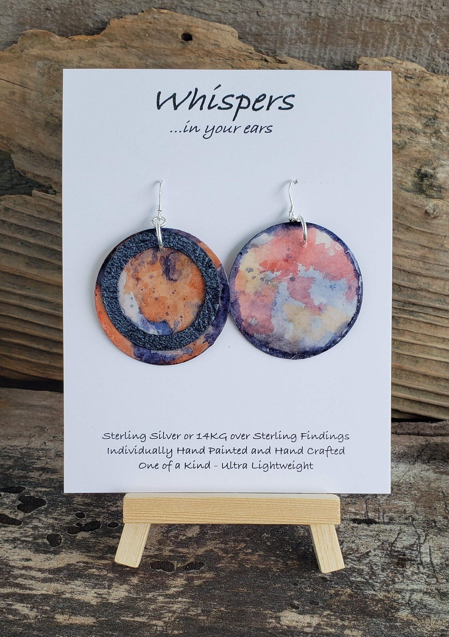 Hand painted watercolor ultra lightweight paper earrings.  Iridescent blues and copper. Double layered design. Back painted similar color design.  Circular in shape. 14kg over silver findings. Hangs 2" in Length