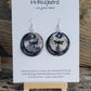 Hand Painted Hand Crafted Dragonfly Silhouette Ultra Lightweight Paper Earrings Double Layers Bluish Grey and White Tie-dyed  Back Layer Painted Black and Grey Print Back Blue Tie-Dyed 1 1/2" Circular