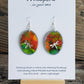 Hand crafted and painted watercolor ultra lightweight paper earrings. Color burst background with crafted Metal Dragonfly Accent. Painted silver edge. Back is painted in similar colors. Oval in shape. Sterling silver findings. Hangs 1 3/4" in Length